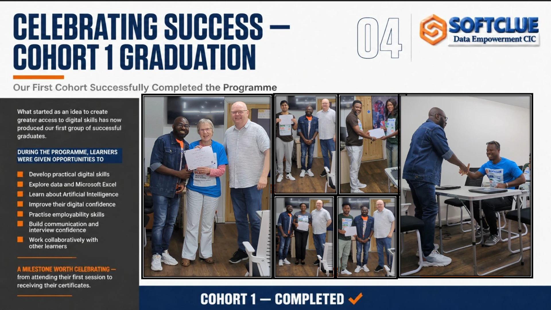 Celebrating success — Cohort 1 graduation poster with photos of graduates receiving certificates